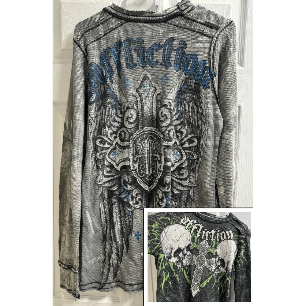 Affliction MEDIUM VTG Y2K Thermal Waffle Double Sided Long Sleeve Shirt Skulls